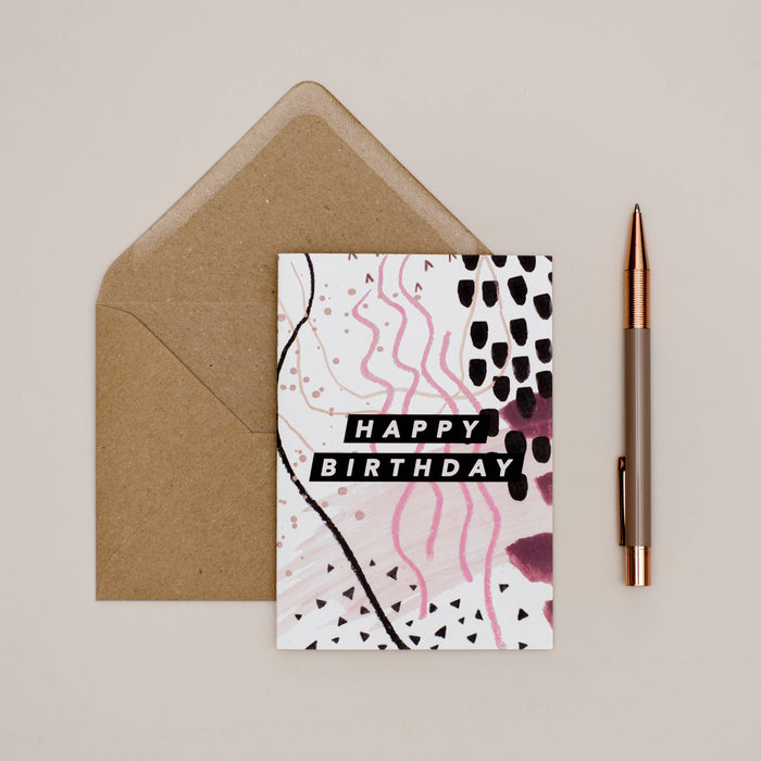 Joy Jen Studio - Tan, Black + Pink Abstract Birthday Card